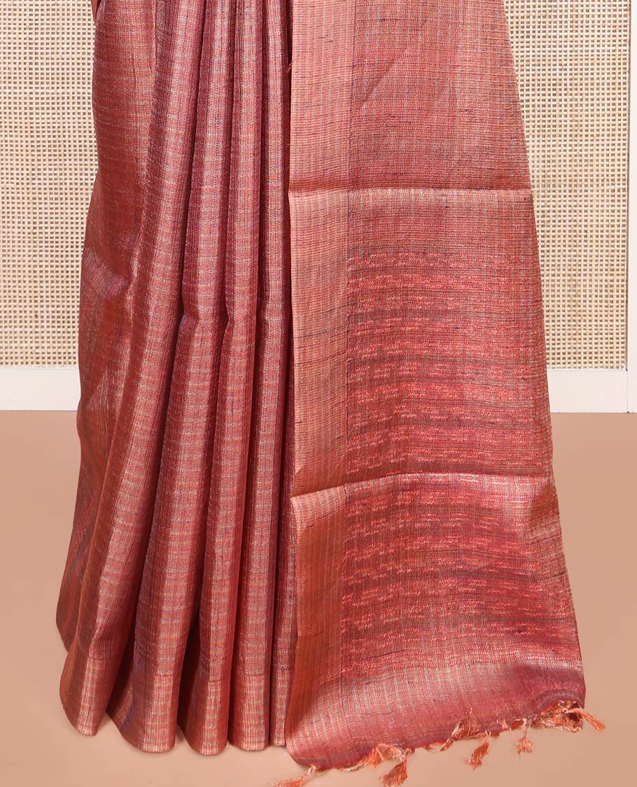 Borderless Dark Peach Tussar Silk Saree, Subtly Sparkled by Checks on Its Body, Subtle Woven Pallu of Stripes, and Paired with a Matching Blouse