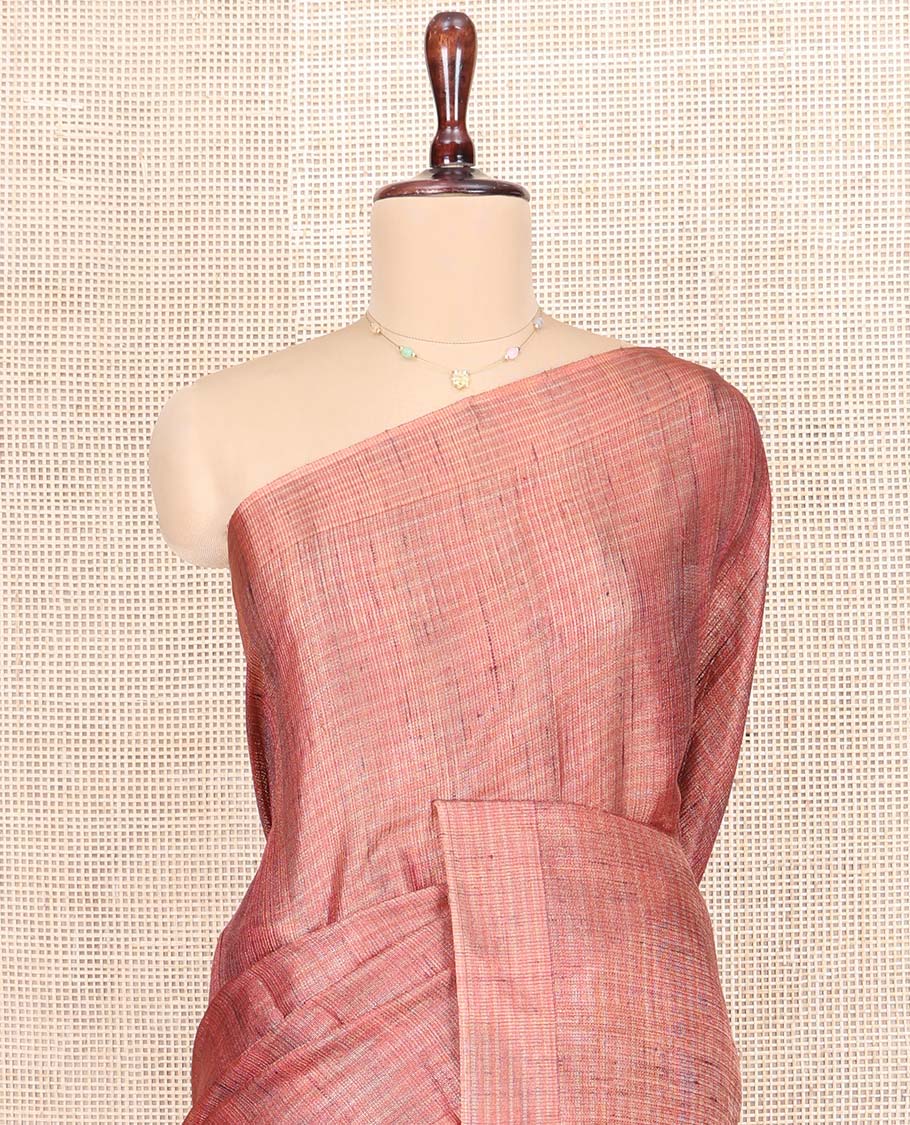 Borderless Dark Peach Tussar Silk Saree, Subtly Sparkled by Checks on Its Body, Subtle Woven Pallu of Stripes, and Paired with a Matching Blouse