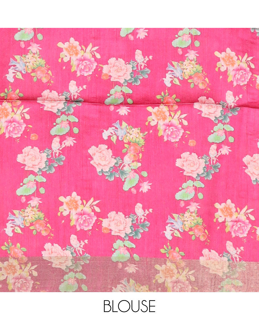 Maroon floral motifs printed tussar silk saree, contrast zari bavanji border, and checked pallu