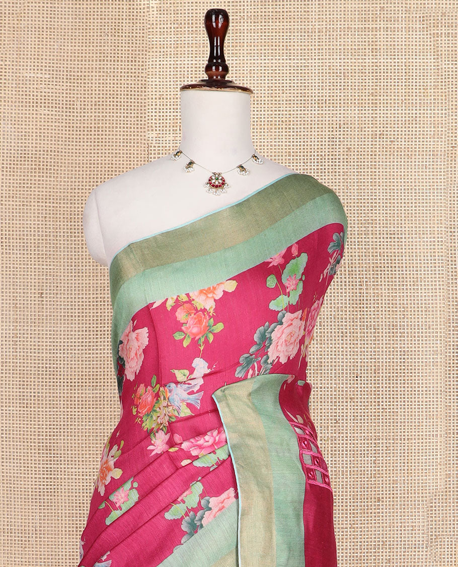 Maroon floral motifs printed tussar silk saree, contrast zari bavanji border, and checked pallu
