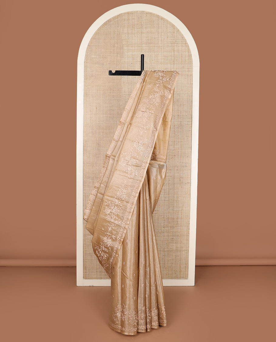 Sandal floral motifs thread embroidered tussar saree, floral embroidered border