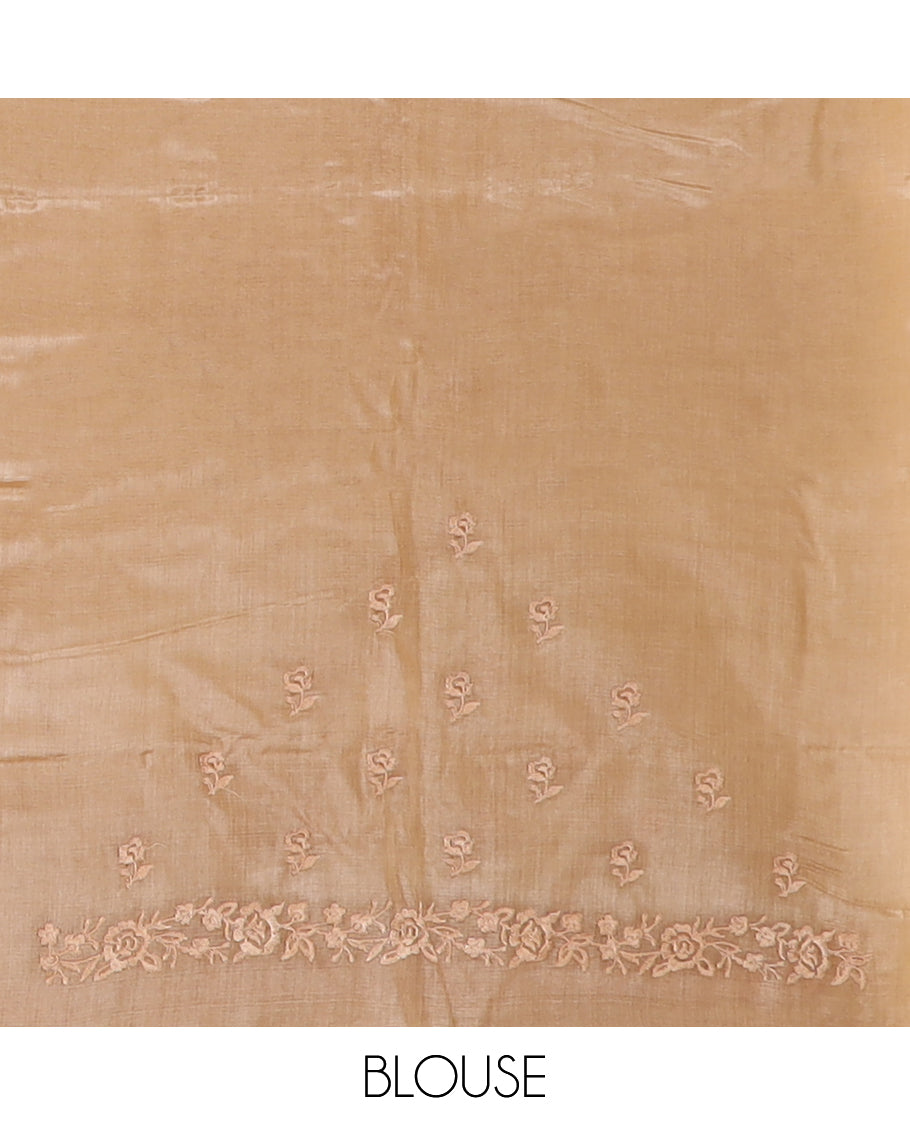 Sandal floral motifs thread embroidered tussar saree, floral embroidered border