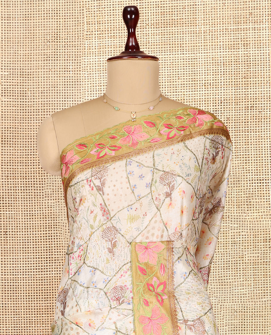 Cream Tusser Silk Saree Features Floral Vine Design, a Contrast Floral Embroidered Border, and a Contrast Blouse