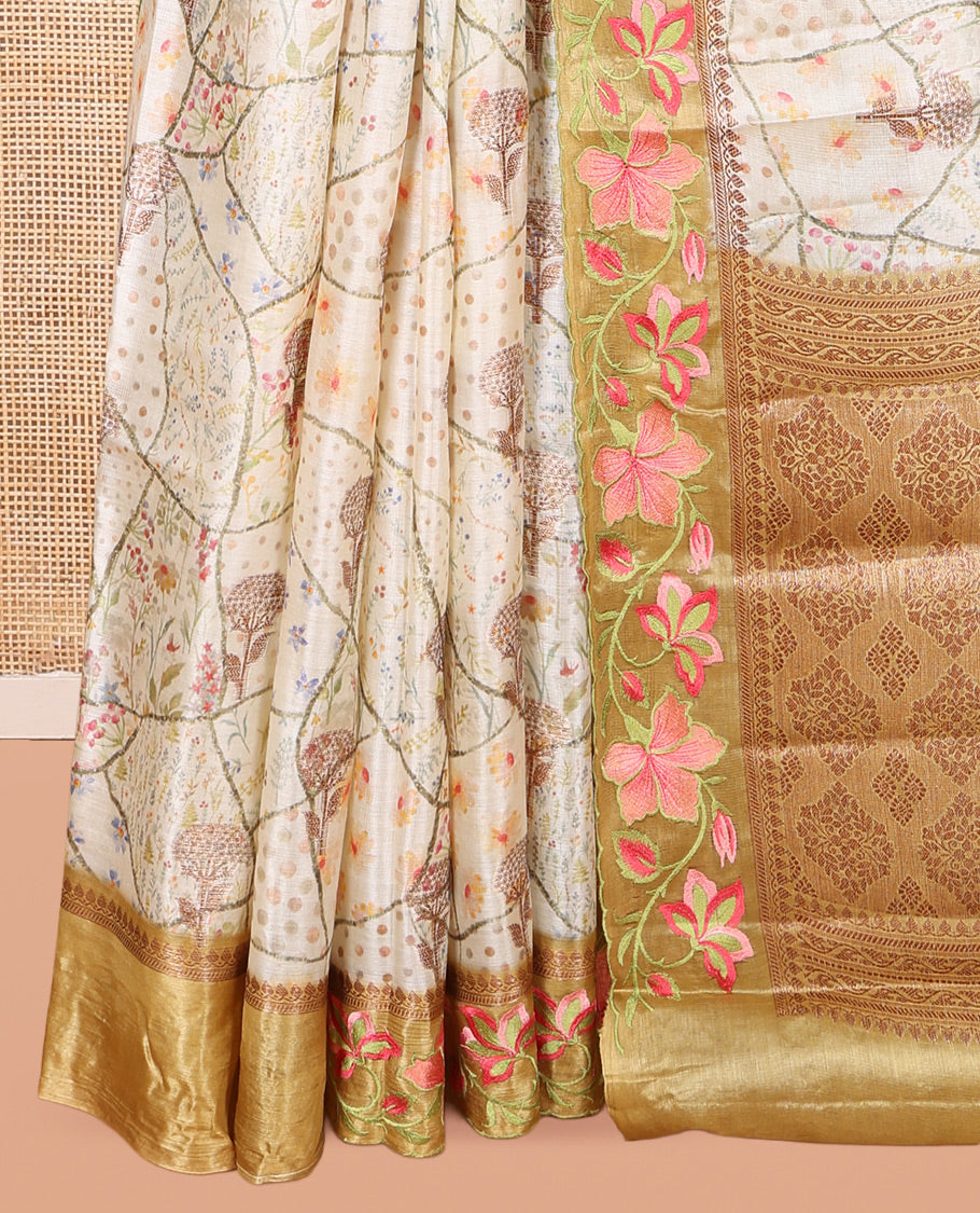 Cream Tusser Silk Saree Features Floral Vine Design, a Contrast Floral Embroidered Border, and a Contrast Blouse