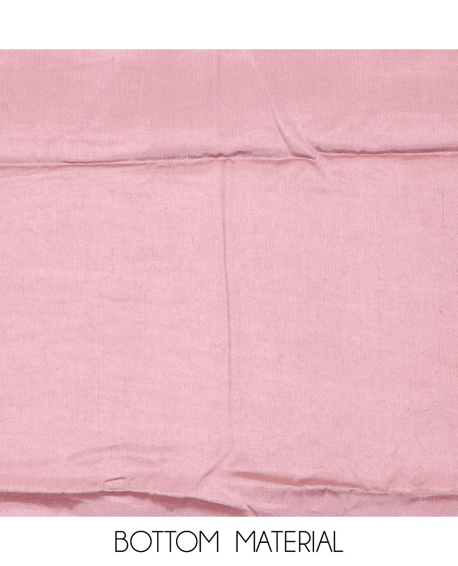 Pink material chudidar set, neck embroidered top, plain bottom, and plain scallop border dupatta
