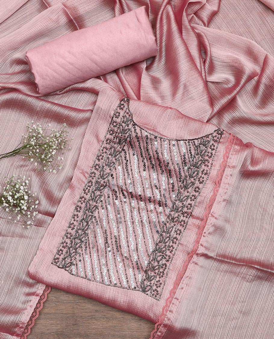 Pink material chudidar set, neck embroidered top, plain bottom, and plain scallop border dupatta
