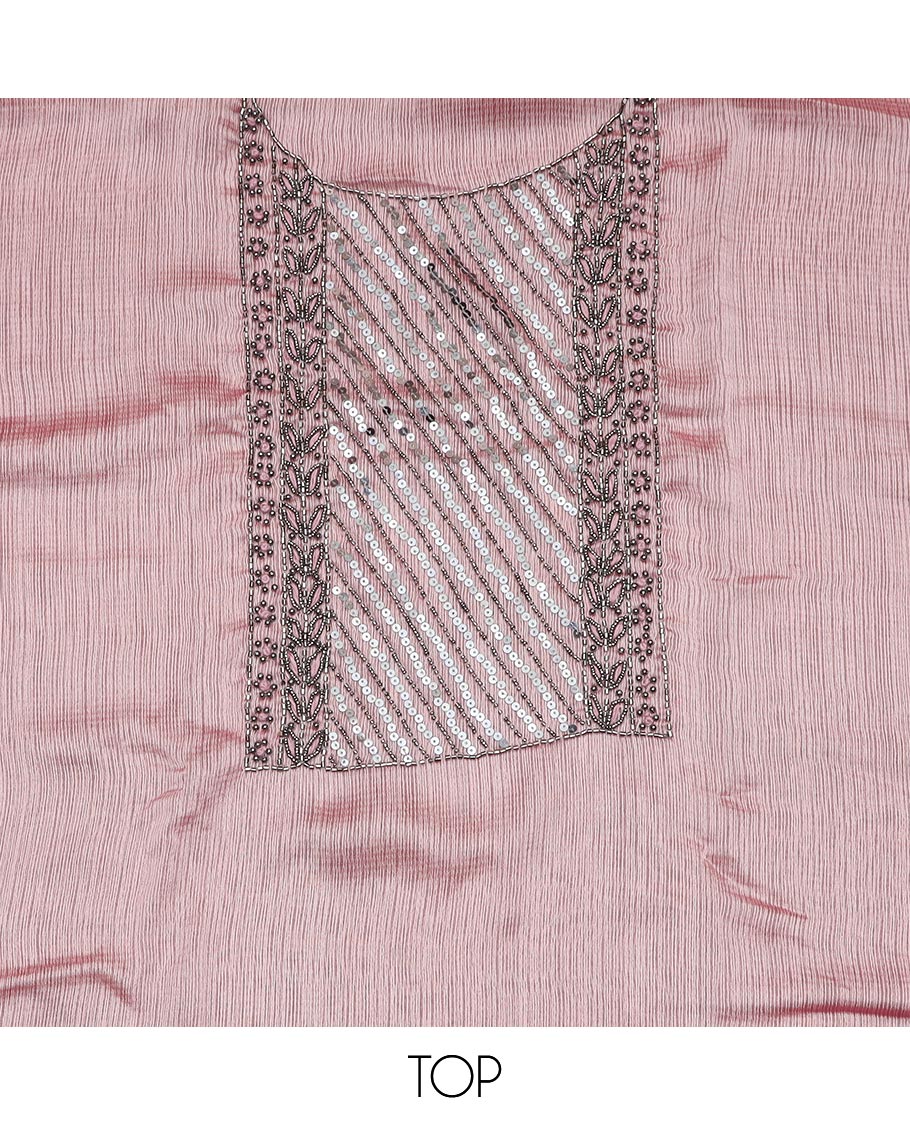 Pink material chudidar set, neck embroidered top, plain bottom, and plain scallop border dupatta