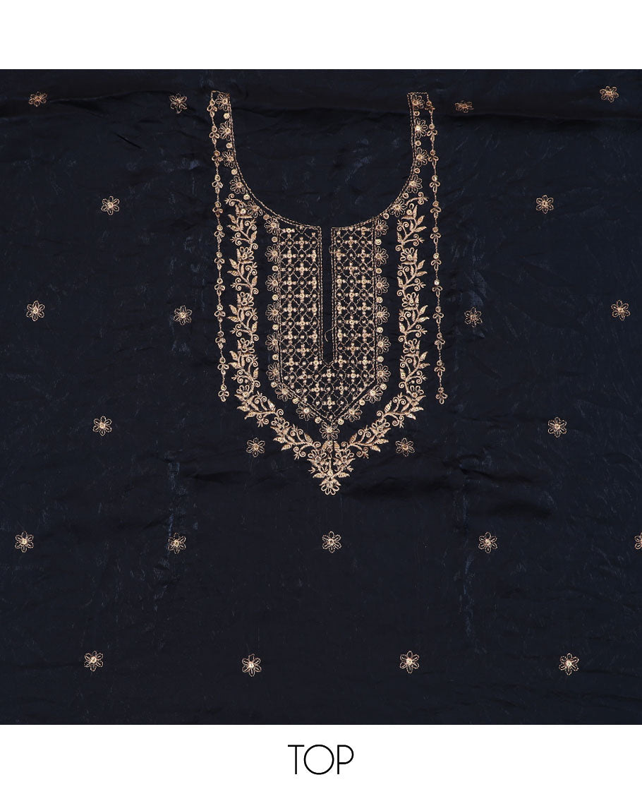 Dark blue material chudidar set, sequins embroidered top, plain bottom, and scallop thread embroidered dupatta