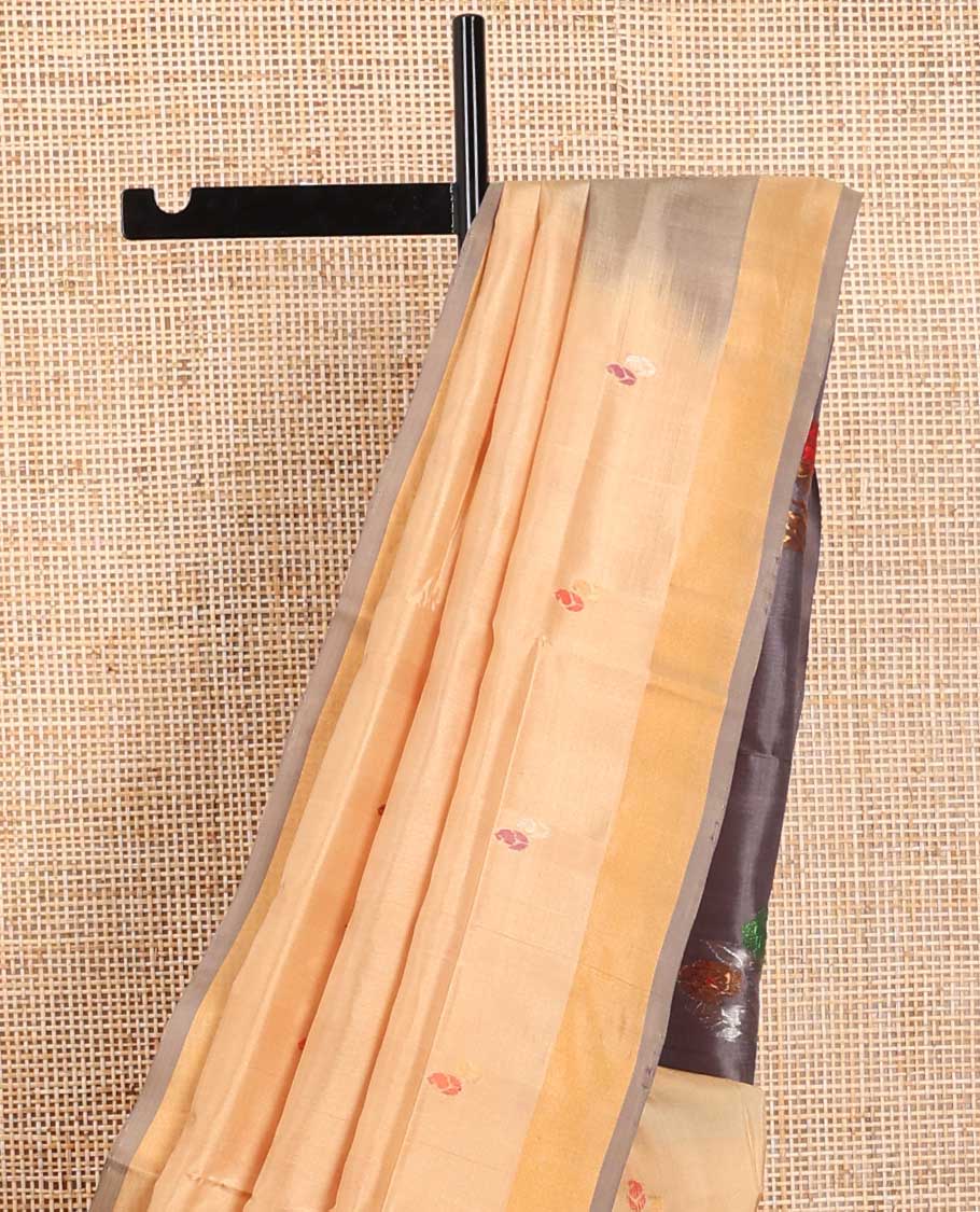 Sandal floral design uppada saree with contrast zari design border & floral design pallu