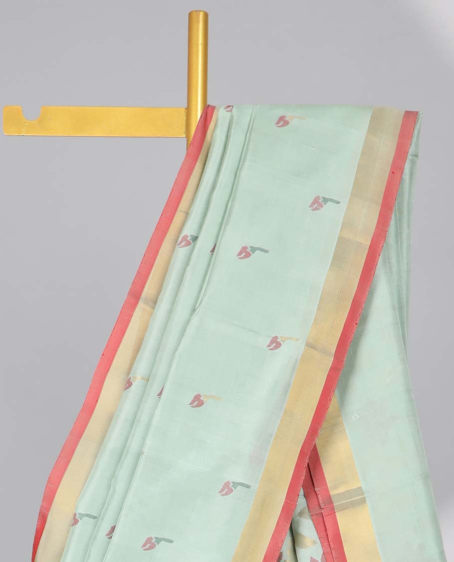 Mint green floral motifs uppada silk saree with contrast zari border & floral vine design pallu