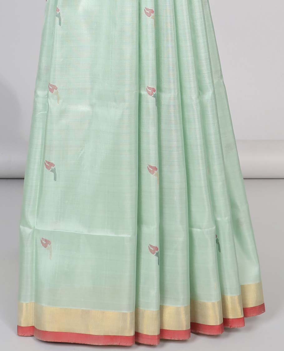 Mint green floral motifs uppada silk saree with contrast zari border & floral vine design pallu