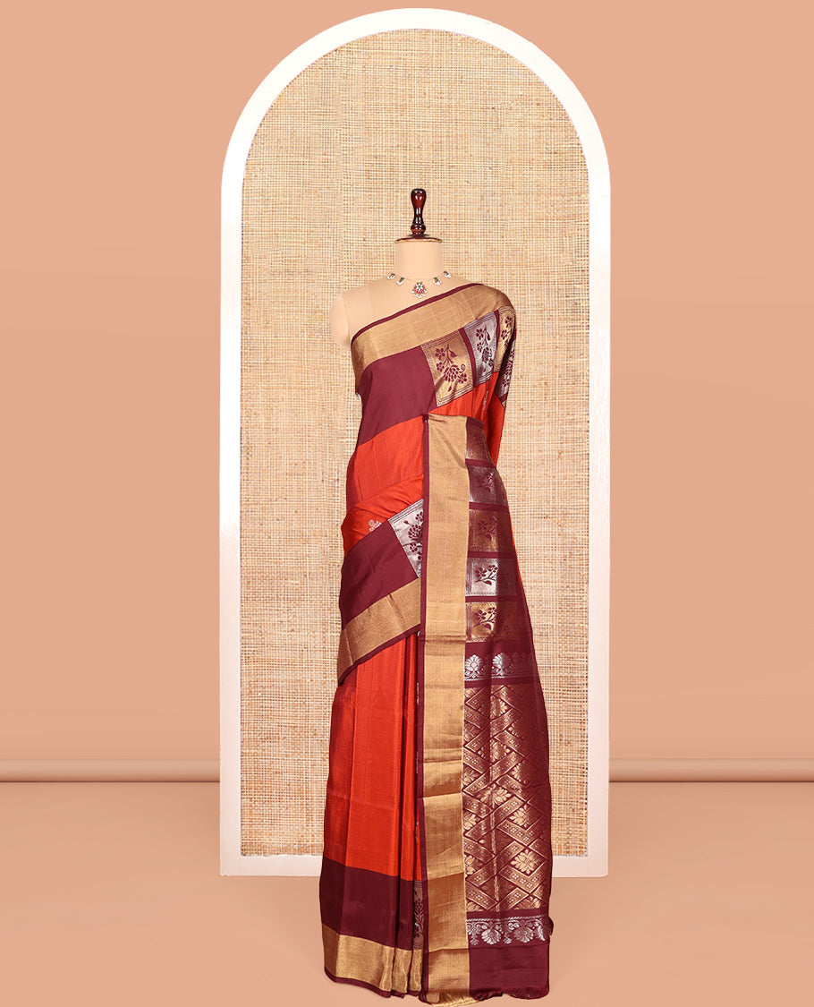 Orange Uppada Silk Saree, Meticulously Crafted with Buttas, Complemented by a Contrast Floral Design Border, Grand Pallu, and a Contrast Blouse