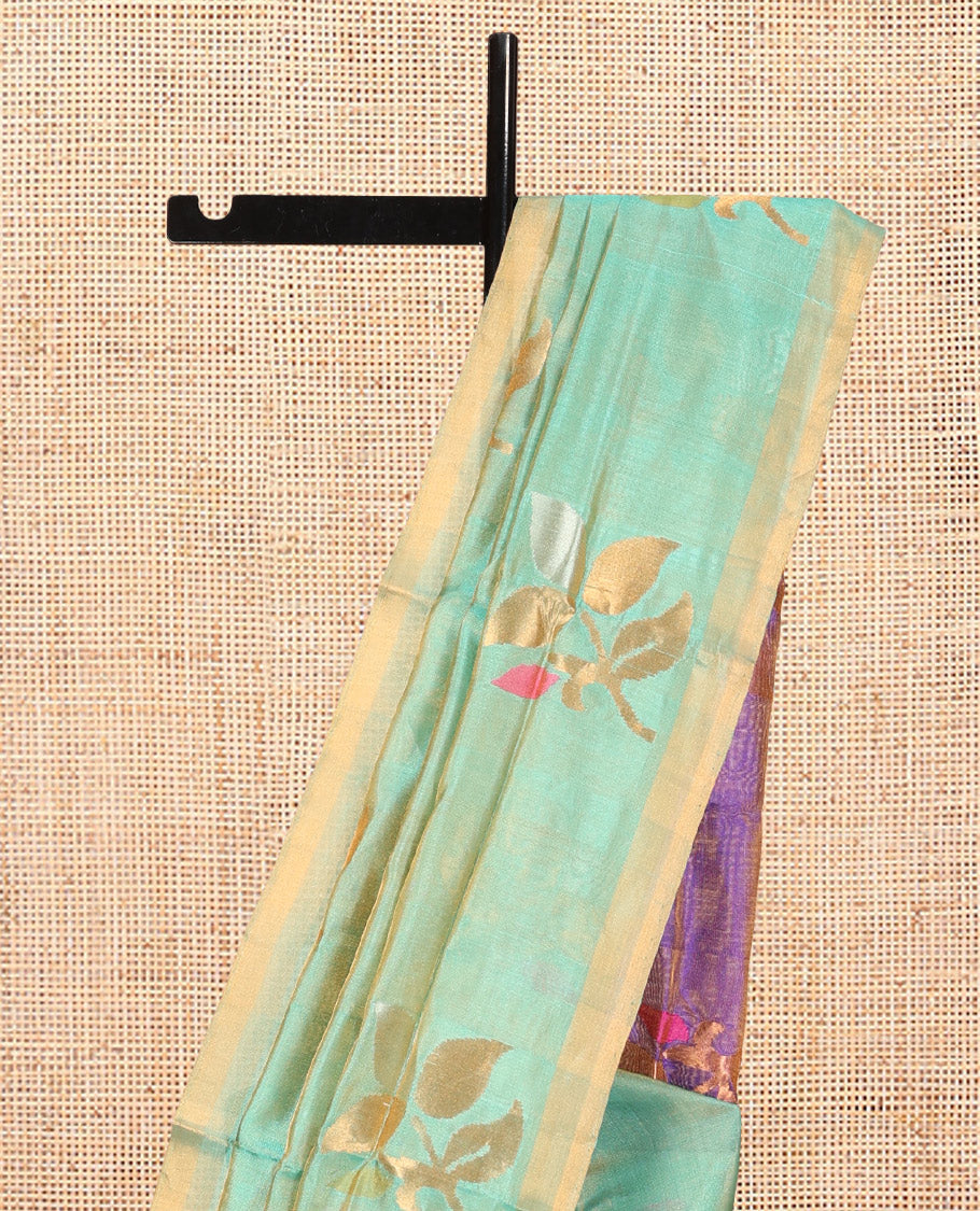 Green Uppada Silk Saree, Accentuated with Floral Vine Zari Buttas, a Zari Border, Complemented by Contrast Grand Pallu of Floral Buttas and a Contrast Blouse