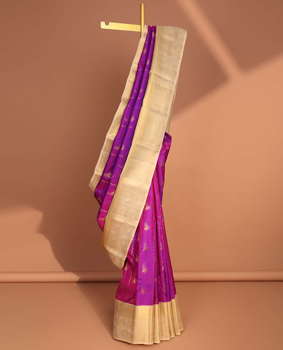 Purple leaf design vasundhara elite silk saree with contrast traditional zari design border & pallu of argyle pattern