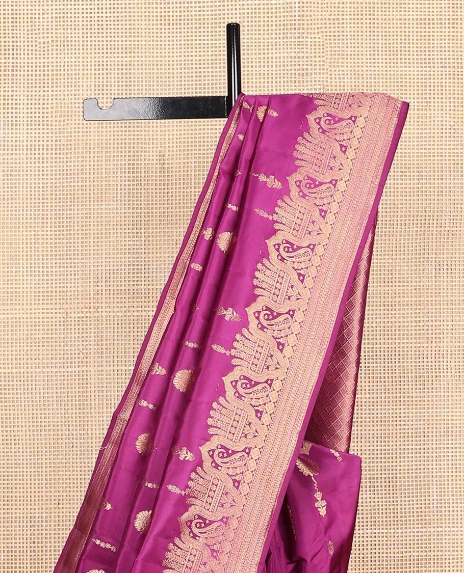 Rani pink zari buttas Vasundhara silk mix saree, zari scallop border of manga & mayil kann & jaal pallu