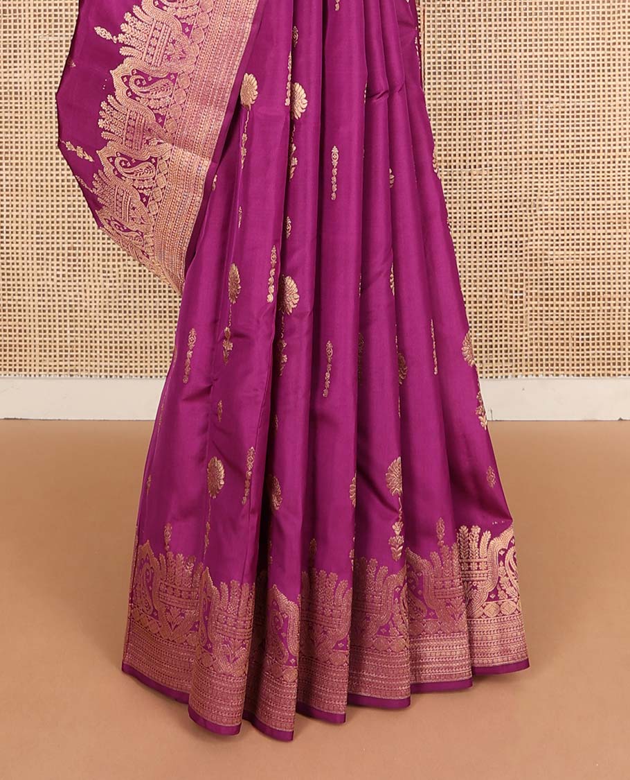 Rani pink zari buttas Vasundhara silk mix saree, zari scallop border of manga & mayil kann & jaal pallu