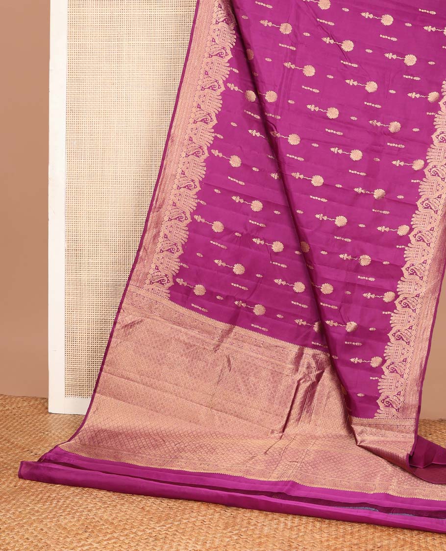Rani pink zari buttas Vasundhara silk mix saree, zari scallop border of manga & mayil kann & jaal pallu