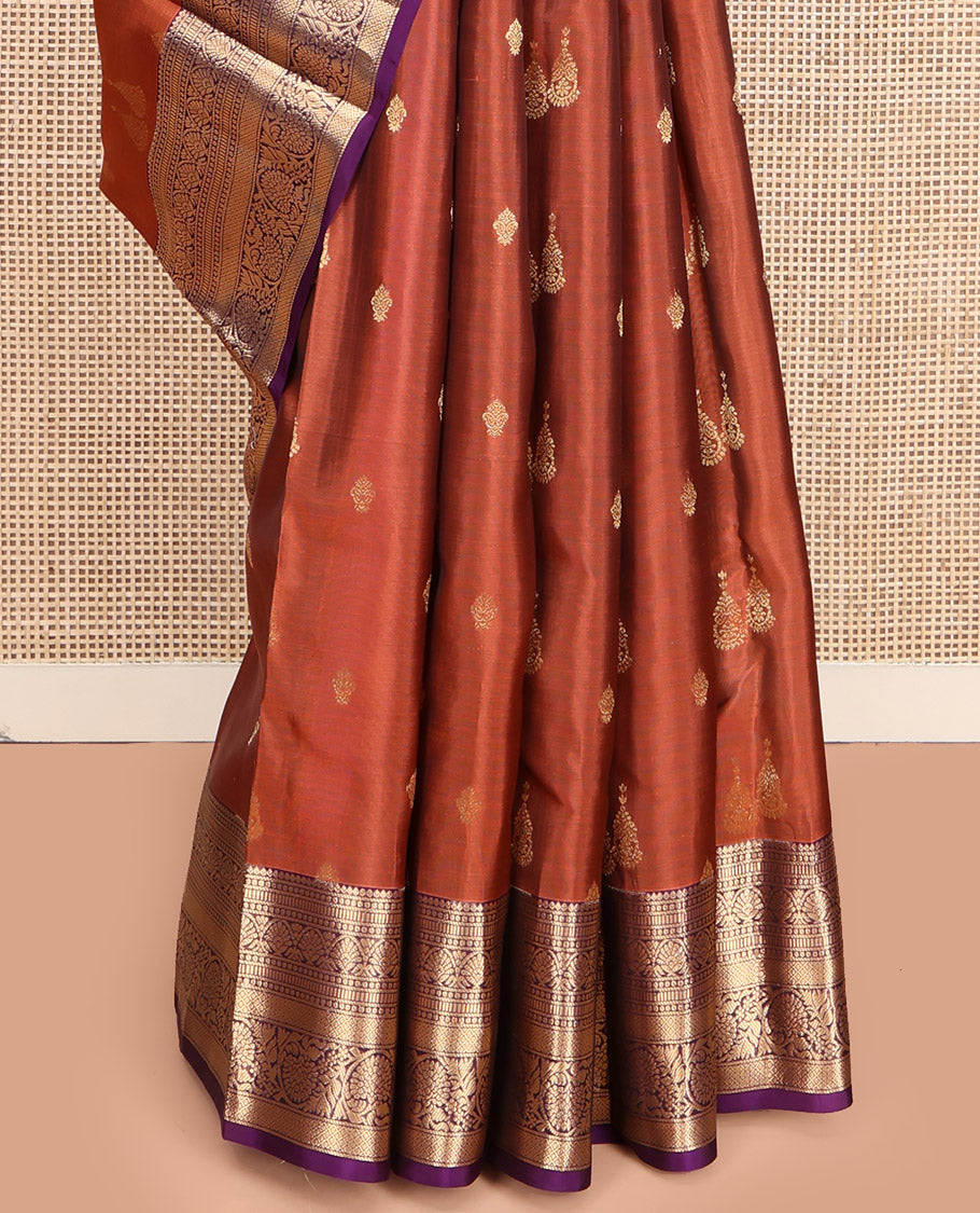 Rust Orange Vasundhara Lite Silk Mix Saree, Detailed with Zari Buttas, Complemented by a Contrast Border of Thilakam, Muthu, Jaal, and Kodi Visiry Designs, Majestically Detailed Pallu, and Paired with a Contrast Blouse
