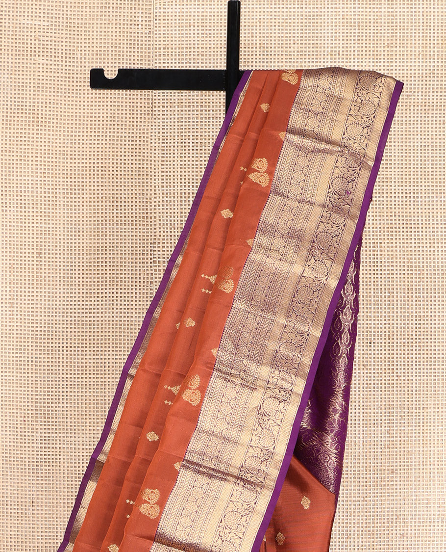 Rust Orange Vasundhara Lite Silk Mix Saree, Detailed with Zari Buttas, Complemented by a Contrast Border of Thilakam, Muthu, Jaal, and Kodi Visiry Designs, Majestically Detailed Pallu, and Paired with a Contrast Blouse