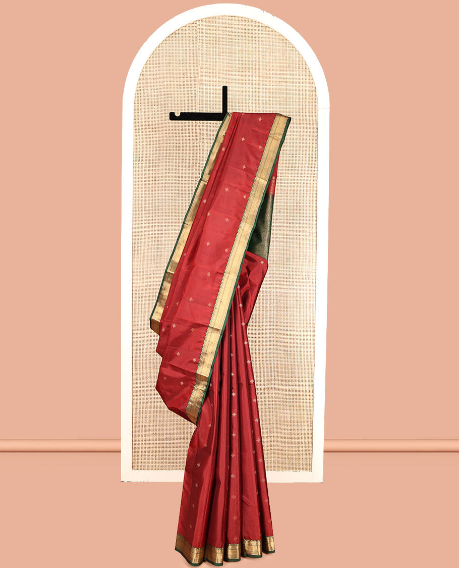 Red Vasundhara Lite Silk Mix Saree, Finely Crafted with Zari Buttas, Complemented by a Contrast Border of Manga, Mayil Kann, and Zari Design, Geometric Pallu, and a Contrast Blouse