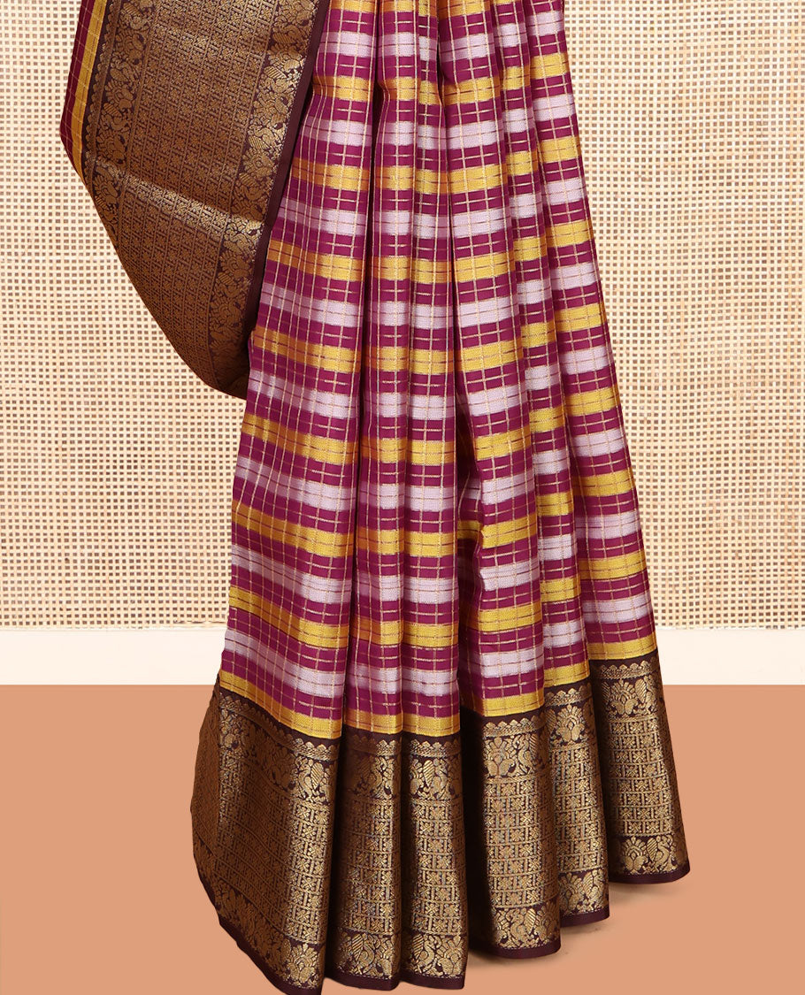 Multi-Color Checked Vasundhara Lite Silk Mix Saree, Contrast Border of Salngai, Mayil, and Zari Designs, Grand Pallu, and a Contrast Blouse