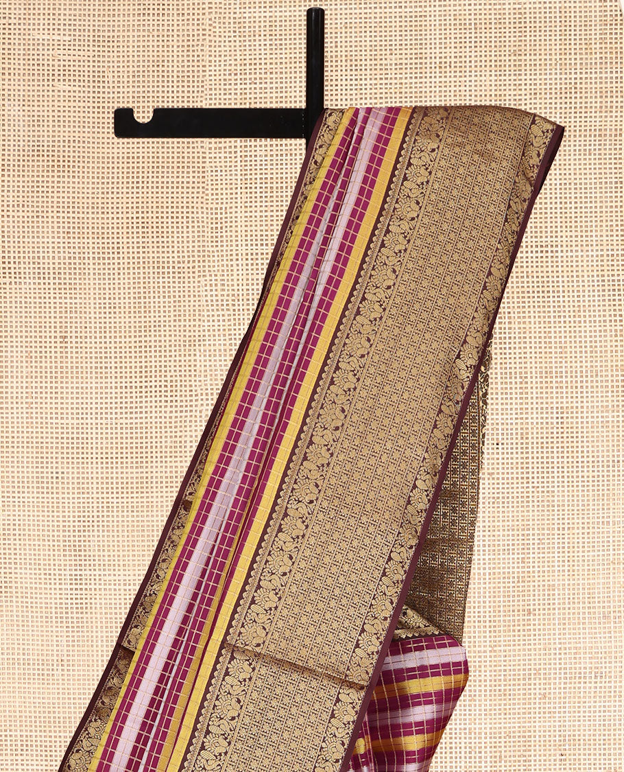 Multi-Color Checked Vasundhara Lite Silk Mix Saree, Contrast Border of Salngai, Mayil, and Zari Designs, Grand Pallu, and a Contrast Blouse