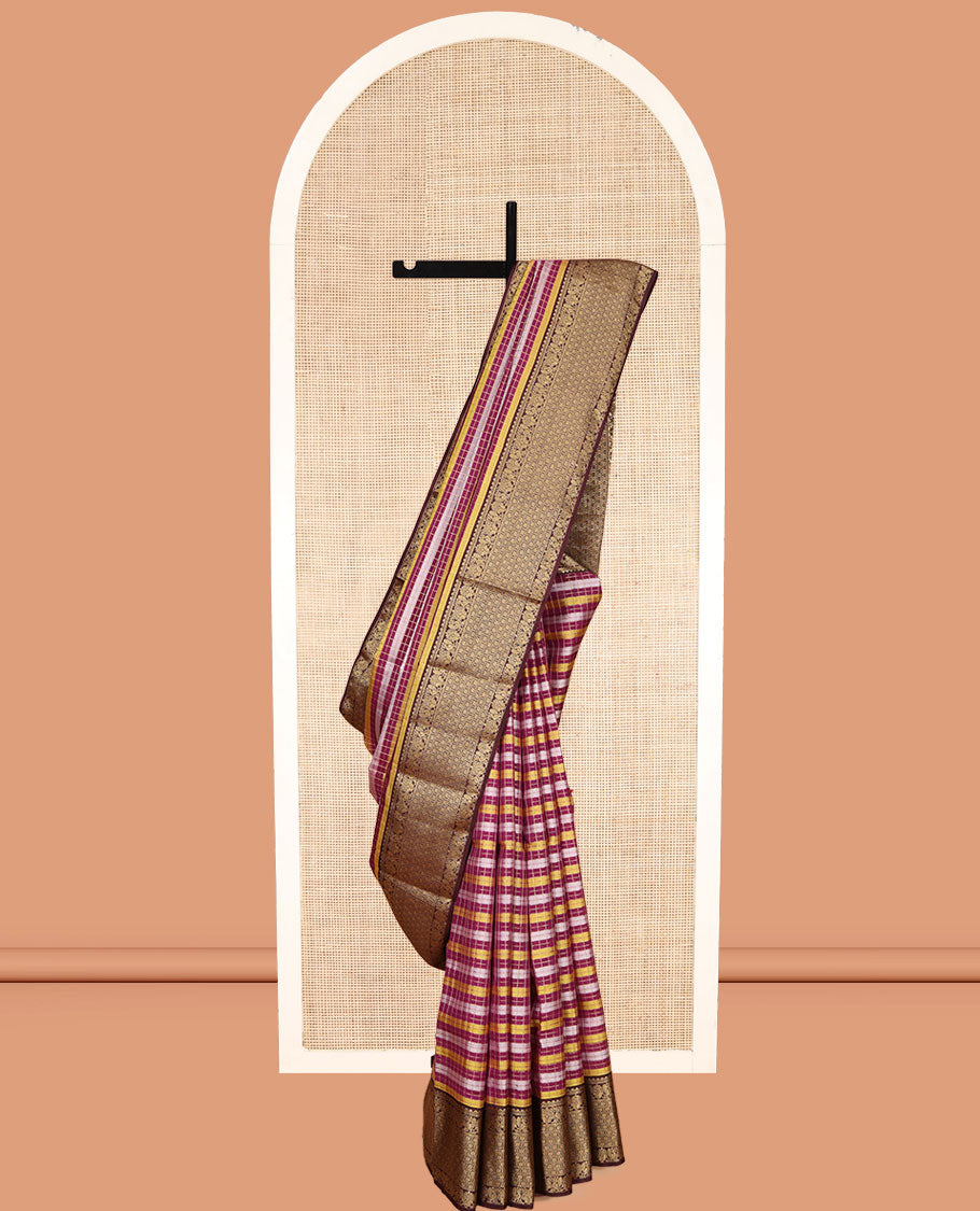 Multi-Color Checked Vasundhara Lite Silk Mix Saree, Contrast Border of Salngai, Mayil, and Zari Designs, Grand Pallu, and a Contrast Blouse