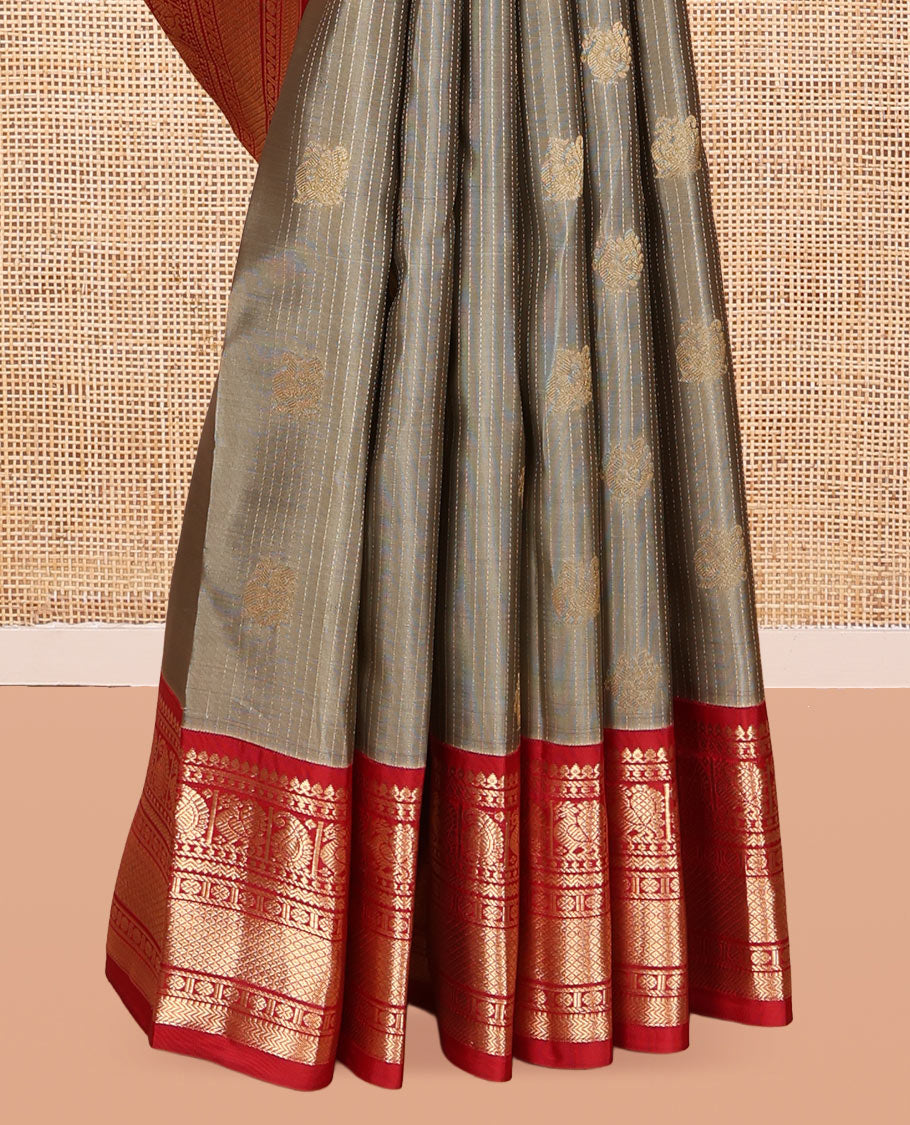 Grey Vasundhara Lite Silk Mix Saree, Woven with Mayil Buttas and Stripes, a Contrast Border of Thilakam Mokku, Manga Mayil, Poun, Mayil Kann, and Vanki, Jaal Pallu, and a Contrast Blouse
