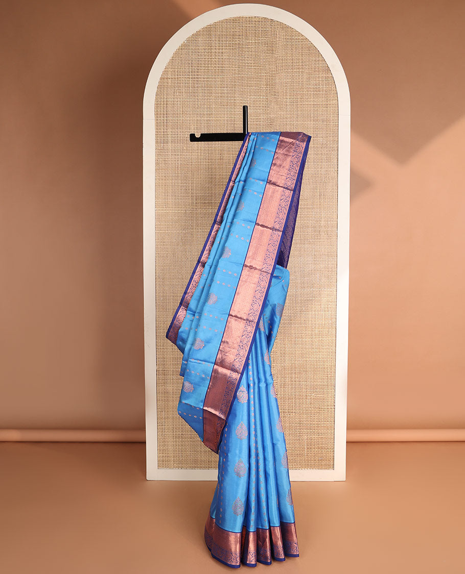 Blue floral buttas vasundhara elite silk saree with contrast intricate zari design border & striped floral design pallu