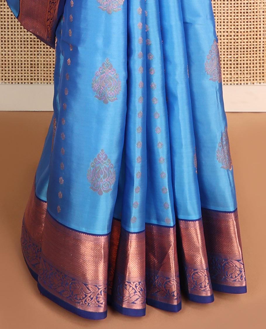Blue floral buttas vasundhara elite silk saree with contrast intricate zari design border & striped floral design pallu