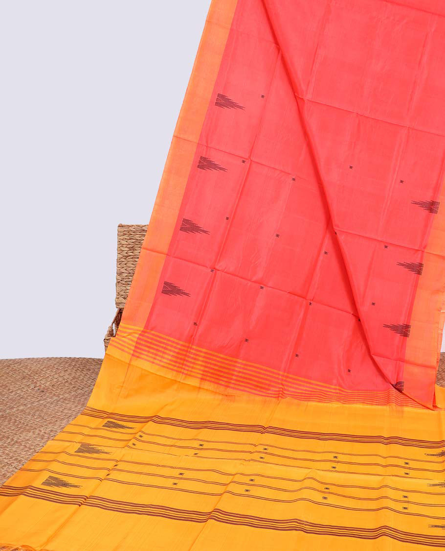 Orange temple motifs banana pith saree with contrast plain border & striped zari , temple motifs pallu