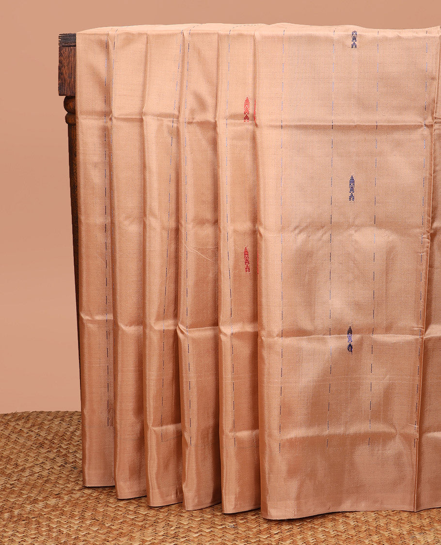 Borderless Sandal Banana Pith Saree, Subtly Sparkled with Stripes All Over Its Body, Complemented by a Contrast Pallu of Stripes, and Paired with a Contrast Blouse