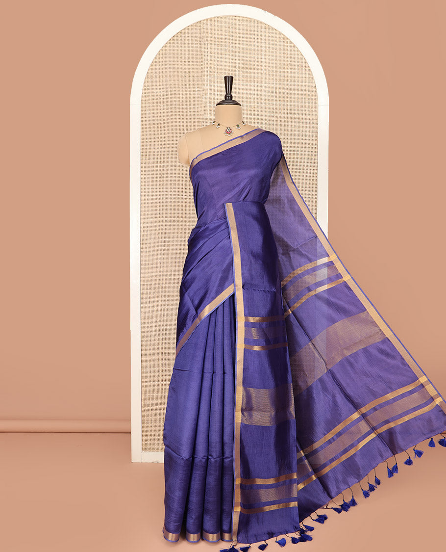 Blue Plain Banana Pith Saree Simply Sparkled with Zari Bavanji Border, Gleaming Zari Stripes Woven Pallu, and Paired with a Matching Plain Blouse