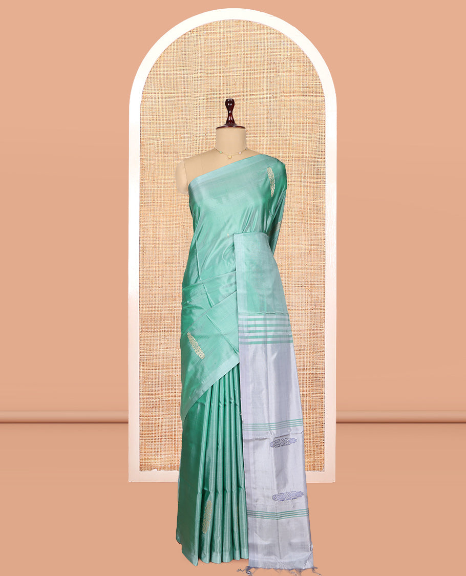 Borderless Green Banana Pith Saree, Woven with Buttas, a Contrast Pallu of Stripes and Buttas, and a Contrast Blouse