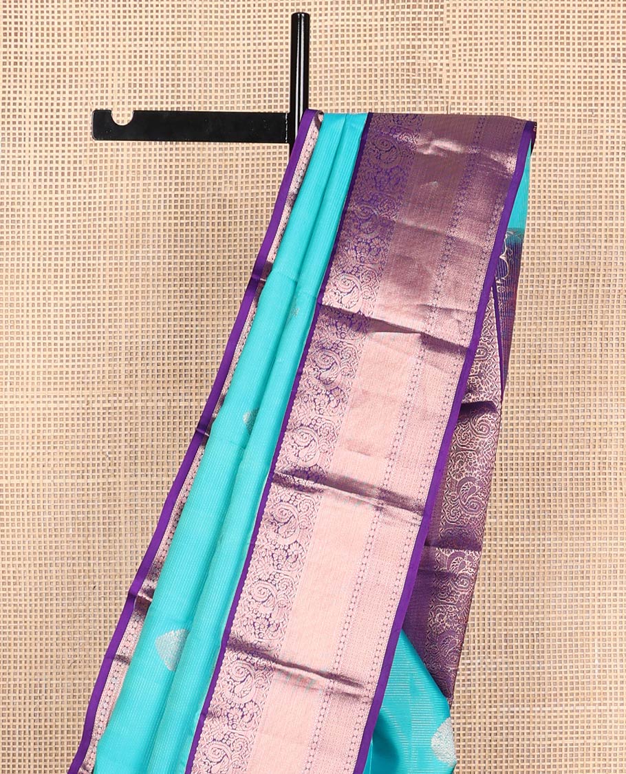 Light blue striped, buttas silk saree with contrast intricate zari design border & floral design pallu