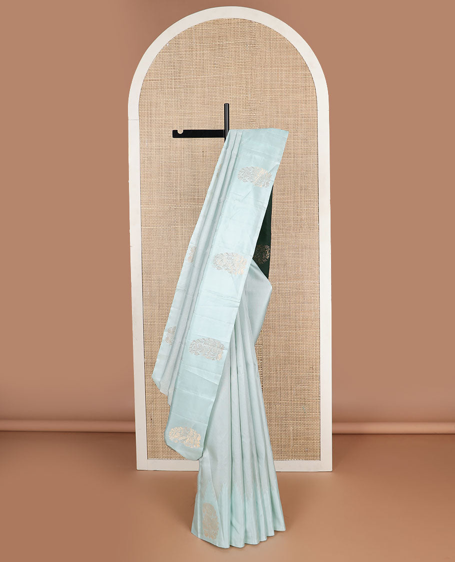 Powder blue mayuri soft silk saree with self motifs border & checked design pallu