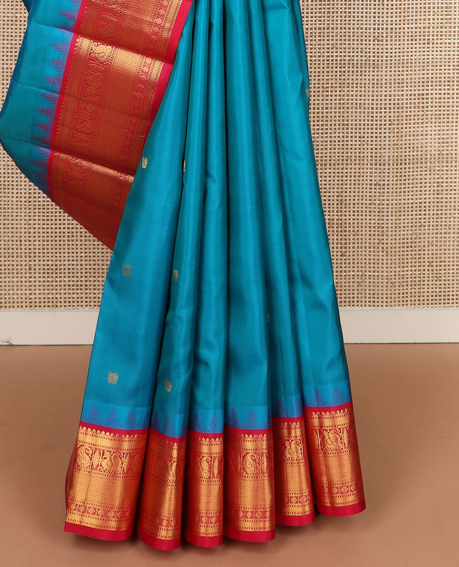 Blue mayil buttas silk saree, contrast border of thazampoo rekku,banaras,manga,mayil,diamond & mayil kann & intricate pallu
