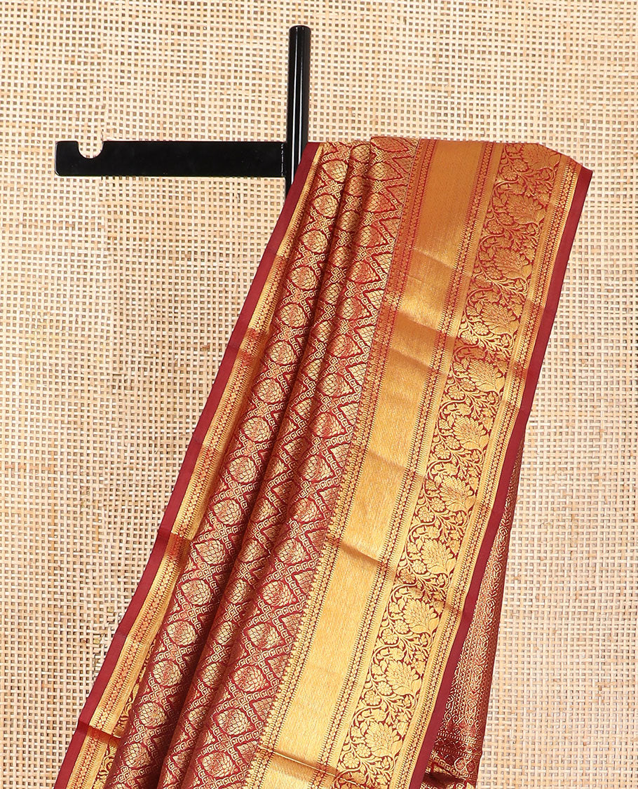 Brown ogee design kancheepuram silk saree with self border of muthu, banaras, kodi visiry design & zari design pallu