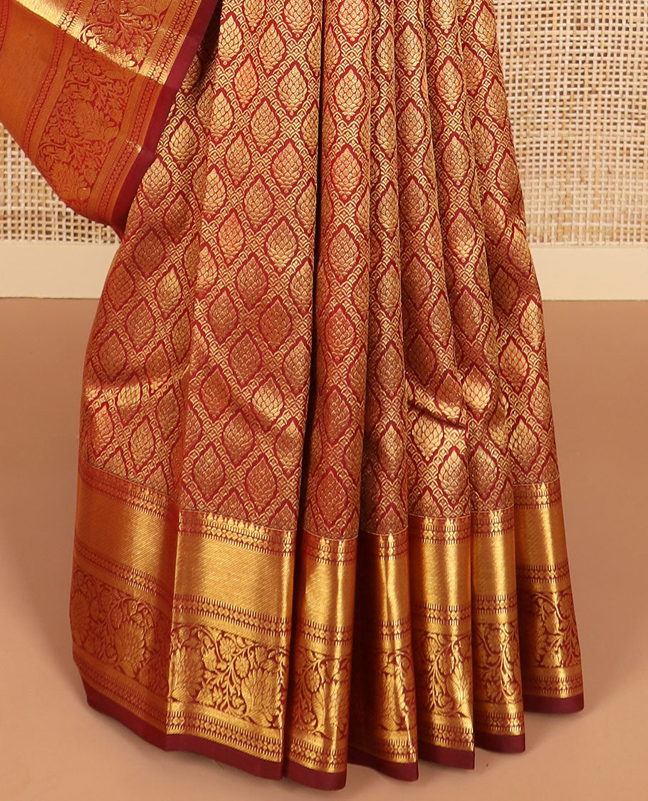 Brown ogee design kancheepuram silk saree with self border of muthu, banaras, kodi visiry design & zari design pallu