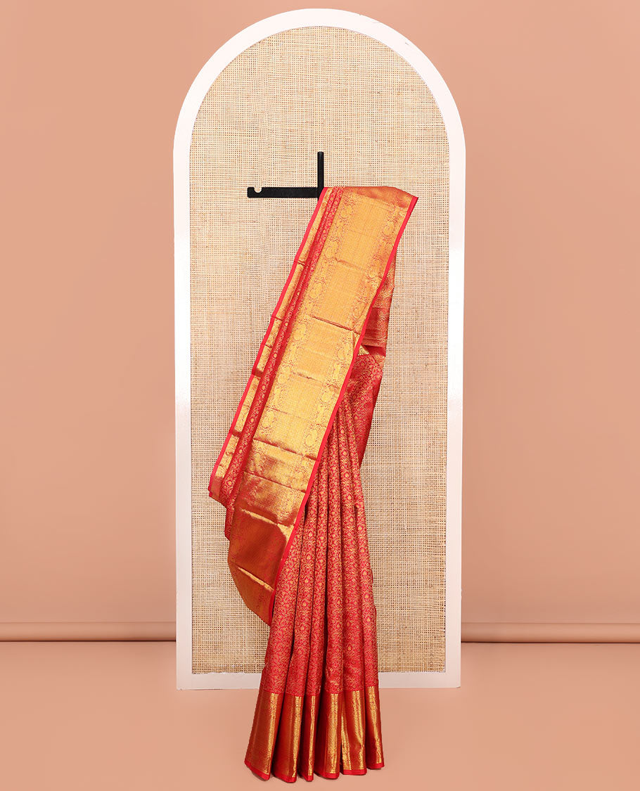 Red Kanchipuram Wedding Silk Saree, Beautifully Bedecked with Floral Jacquard Design on Its Body, Highlighted by a Zari Border of Salngai, Rudraksham, Mayil, Kuthirai, and Jaal Designs, Grand Jaal Pallu, and Paired with a Matching Blouse
