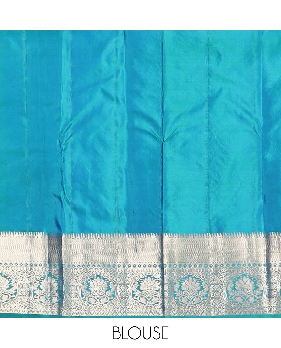 Blue jacquard Kanchipuram wedding silk saree, zari border of rekku, kuyil kann, thilakam mokku, Muthu, and floral design, and floral design pallu