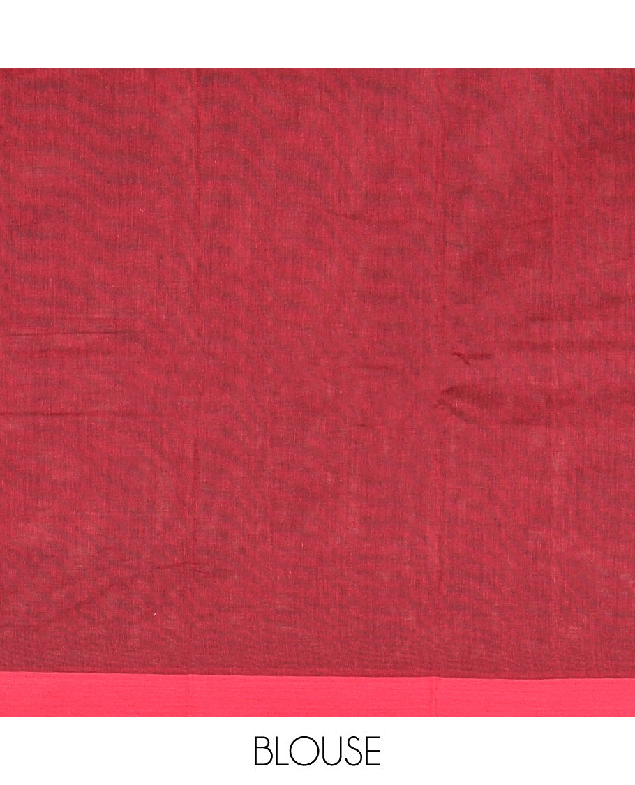 Red Kanchi Cotton Saree, Steeped with Buttas All Over Its Body, Complemented by Contrast Border, Pallu of Tree Motifs, and Paired with a Matching Blouse