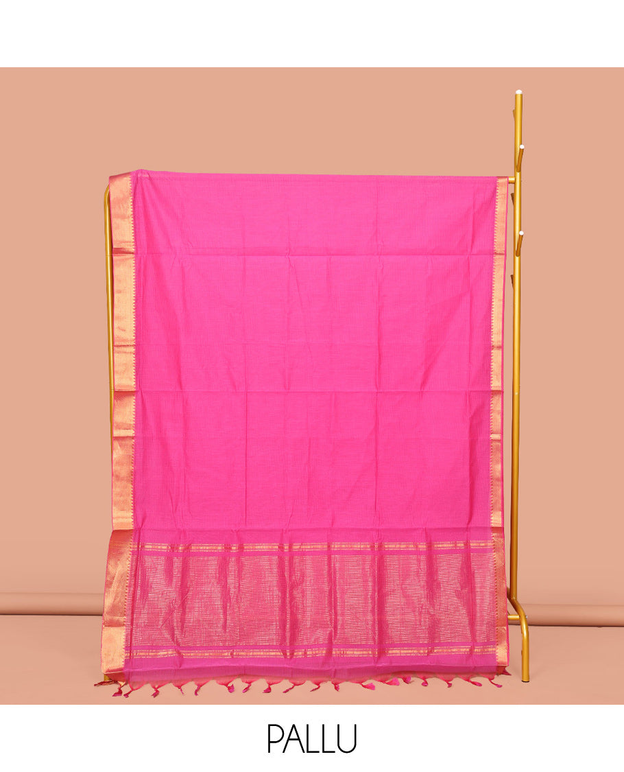 Rani Pink Sparsely Striped Mangalgiri Cotton Saree, Highlighted by a Zari Border, Gleaming Zari-Striped Pallu, and Paired with a Matching Blouse