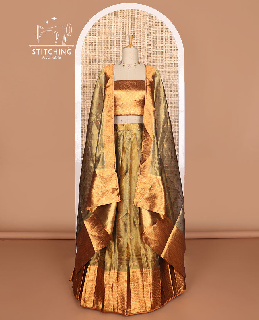 Brown buttas tissue half saree with contrast zari design border, zari design blouse & floral design dhavani