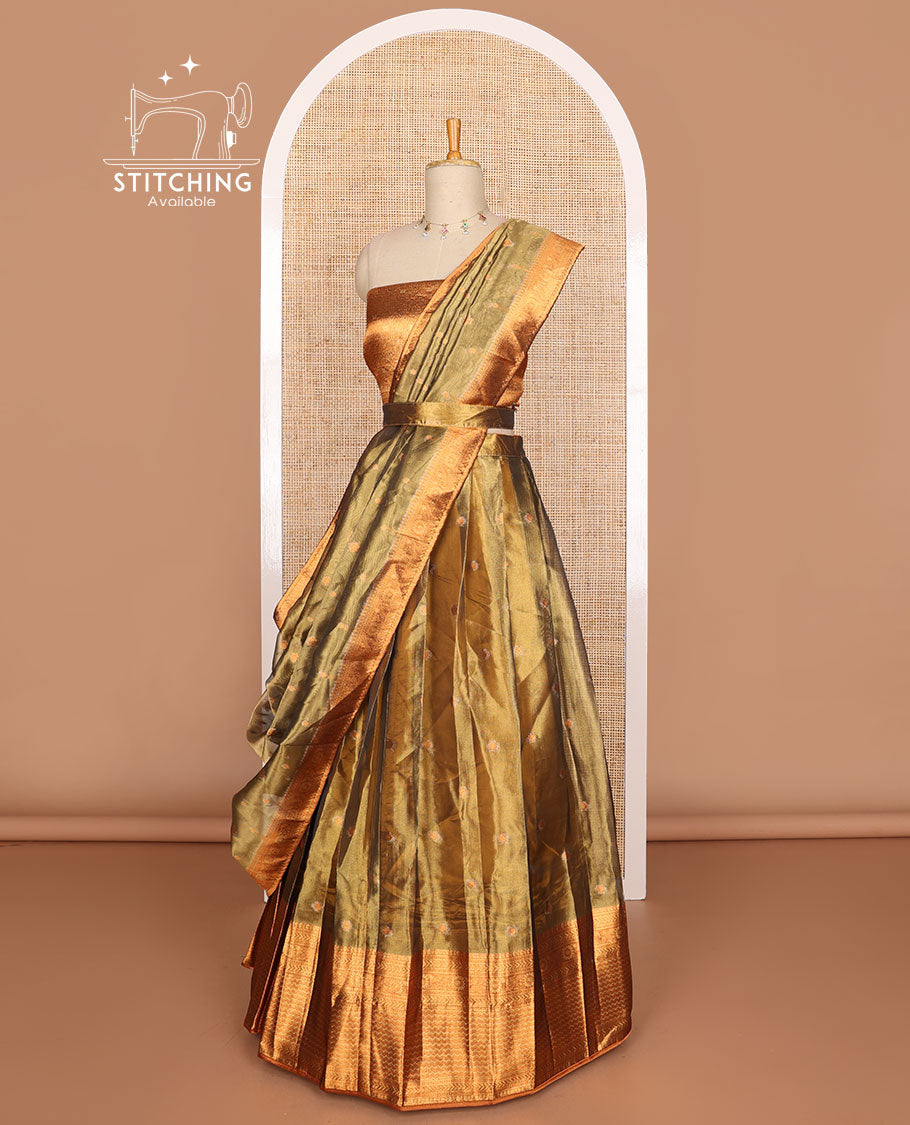 Brown buttas tissue half saree with contrast zari design border, zari design blouse & floral design dhavani