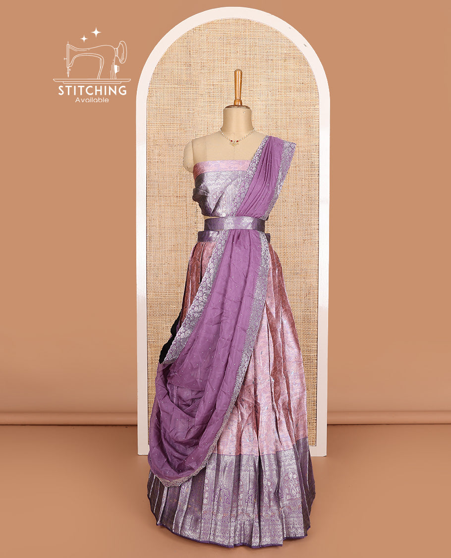 Pink art silk half-saree, floral design with contrast traditional border skirt, matching blouse, scallop embroidered dhavani, and detachable belt