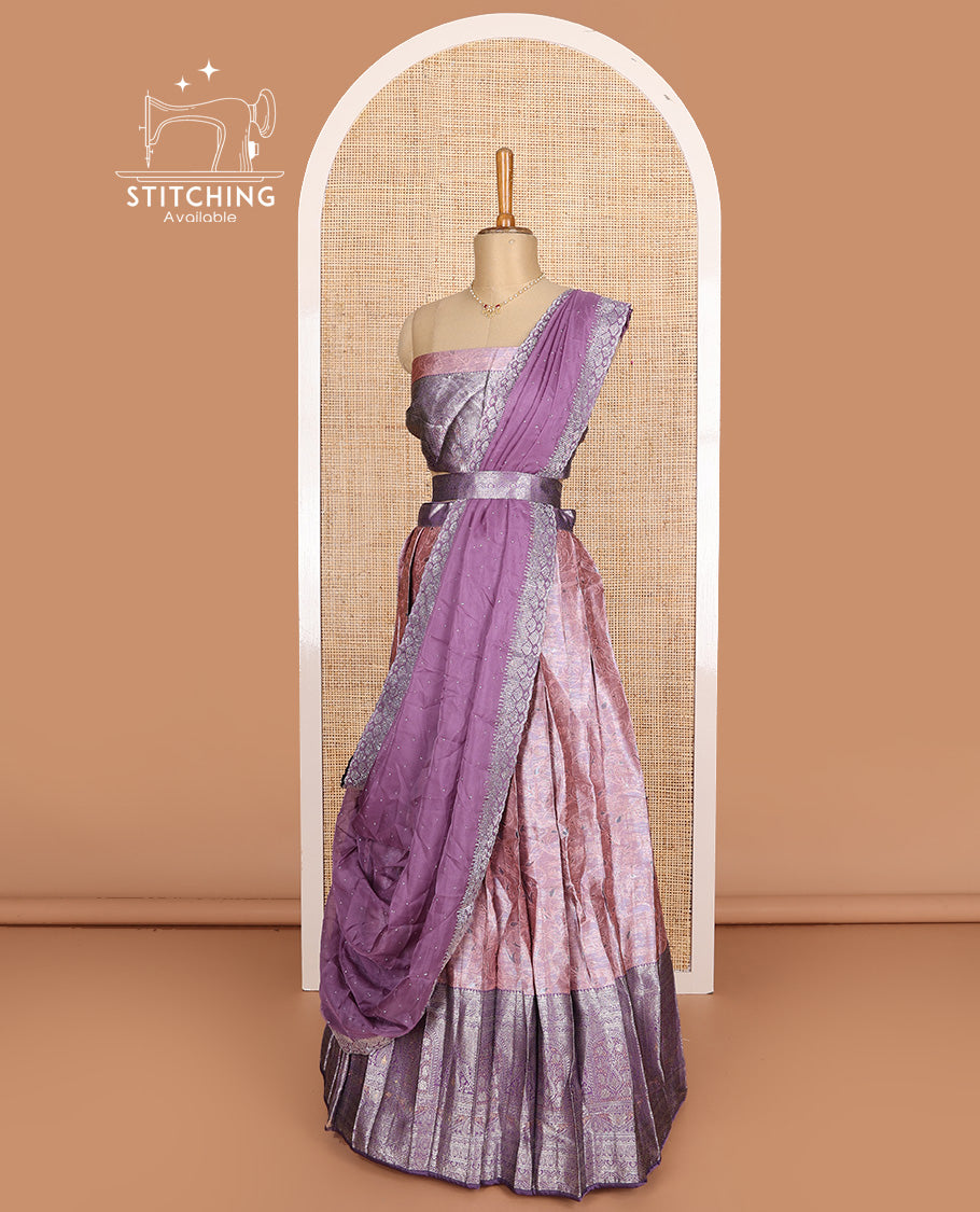 Pink art silk half-saree, floral design with contrast traditional border skirt, matching blouse, scallop embroidered dhavani, and detachable belt