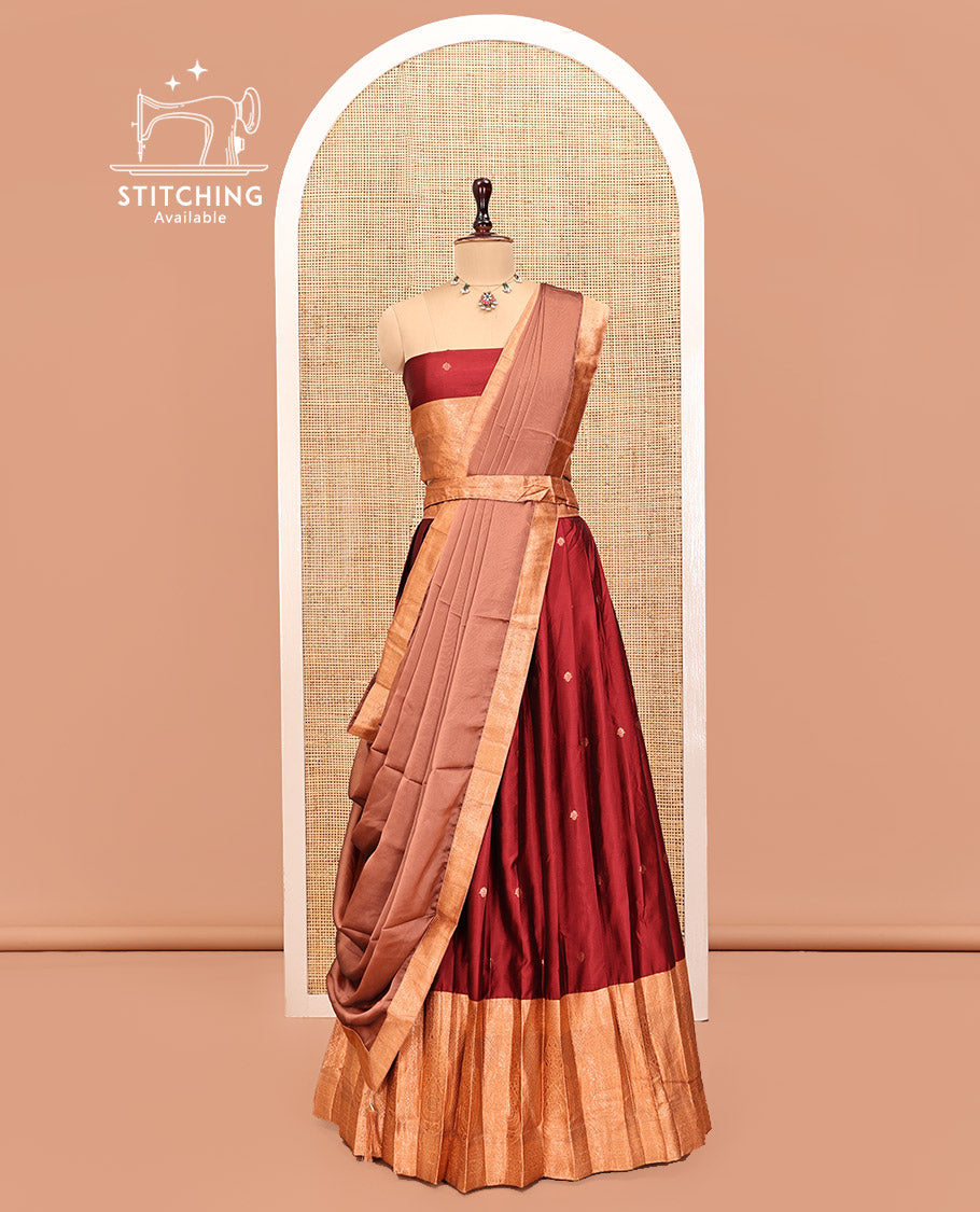 Light Maroon Art Silk Half Saree Features Buttas Skirt, Complemented by Contrast Traditional Border, Matching Blouse, and a Plain Zari-Bordered Dhavani
