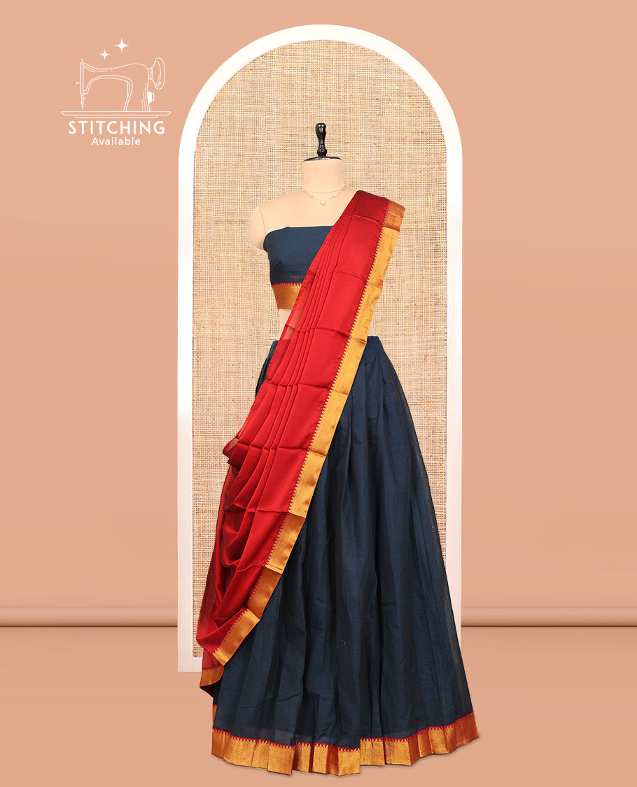 Black Cotton Half-Saree Features Plain Skirt, a Contrast Temple Zari Border, a Matching Blouse, and a Contrast Dhavani