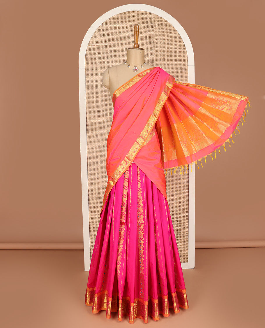Pink art silk half-saree pavadai material, zari design with contrast traditional bordered skirt, matching blouse, and zari design dhavani